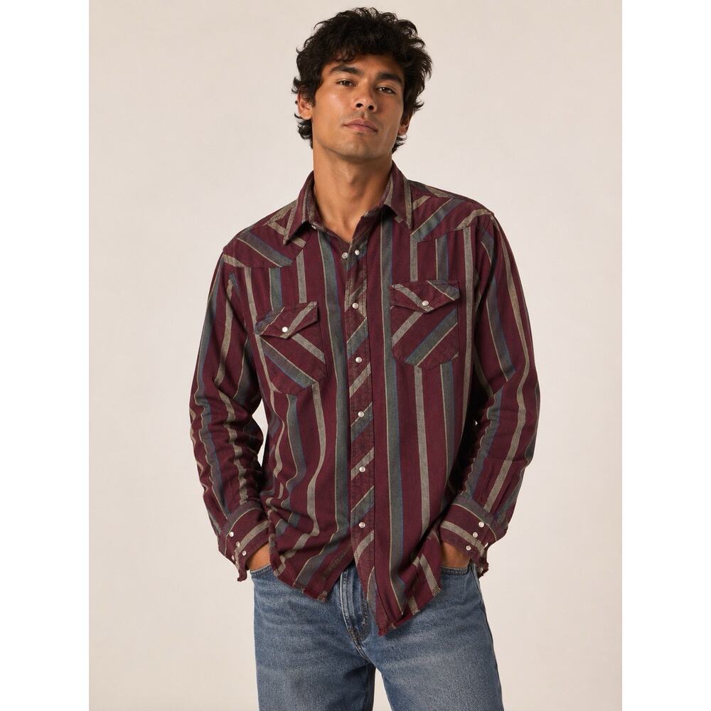 Vintage Wrangler Western Grunge Cowboy Rodeo Stripe Pearl Snap Shirt Large